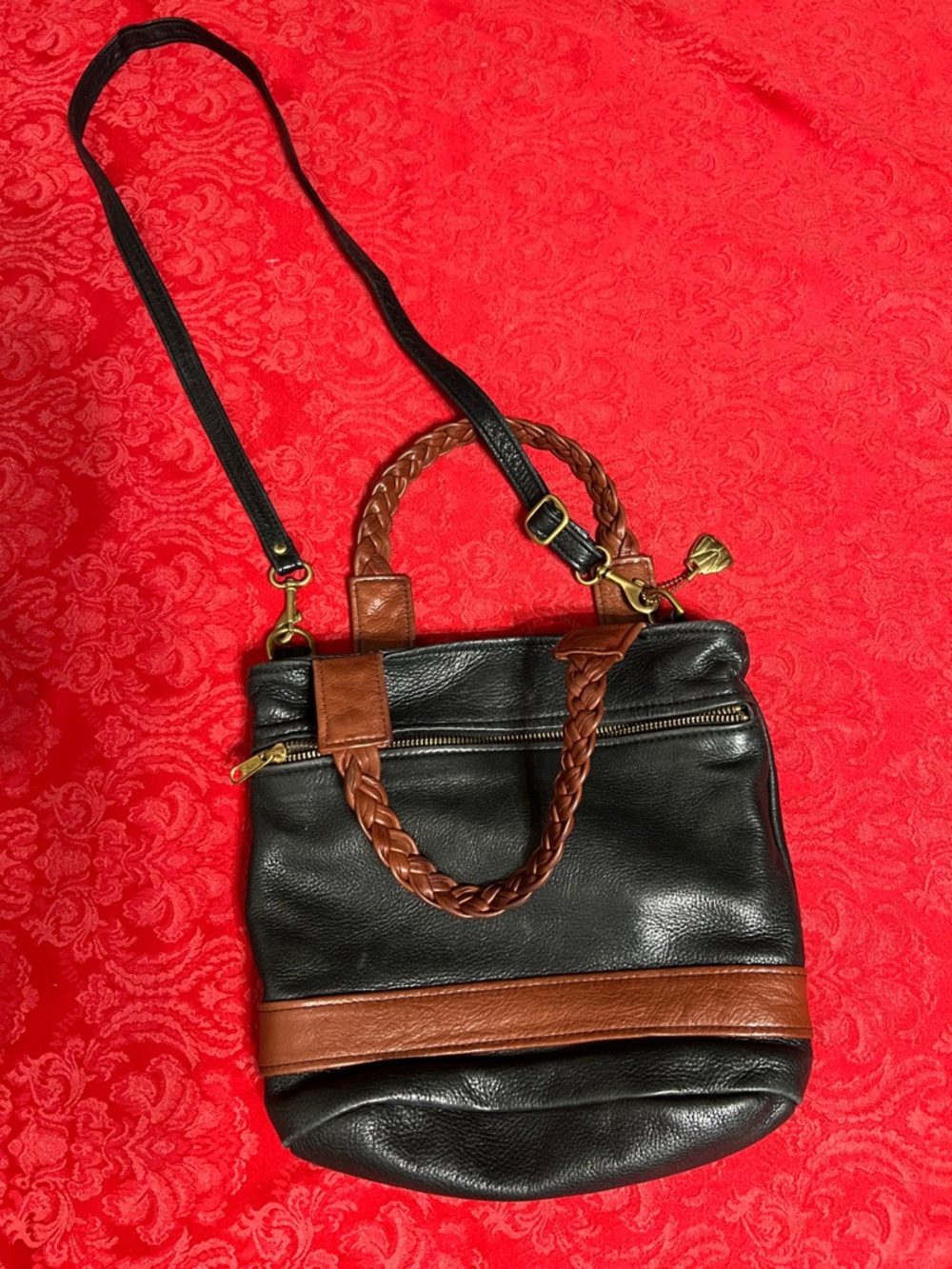 Victoria Leather Black Brown Leather Shoulder Bag Braided Handles Made in USA